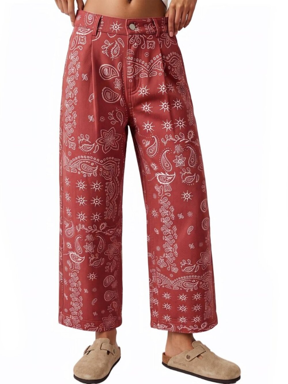 Womens Floral Wide Leg Jeans Baggy Boho Mid Rise Cropped Denim Pants
